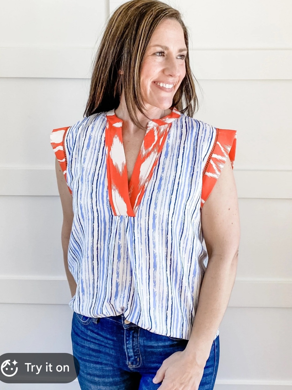 THML Nottingham striped cap sleeve top in a blue and orange Size S
